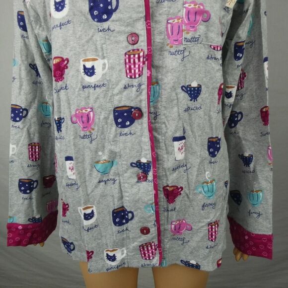 Munki Munki Long Sleeve Pajama Shirt Top Button Front Tea Coffee Mug NWT Medium - Picture 3 of 6